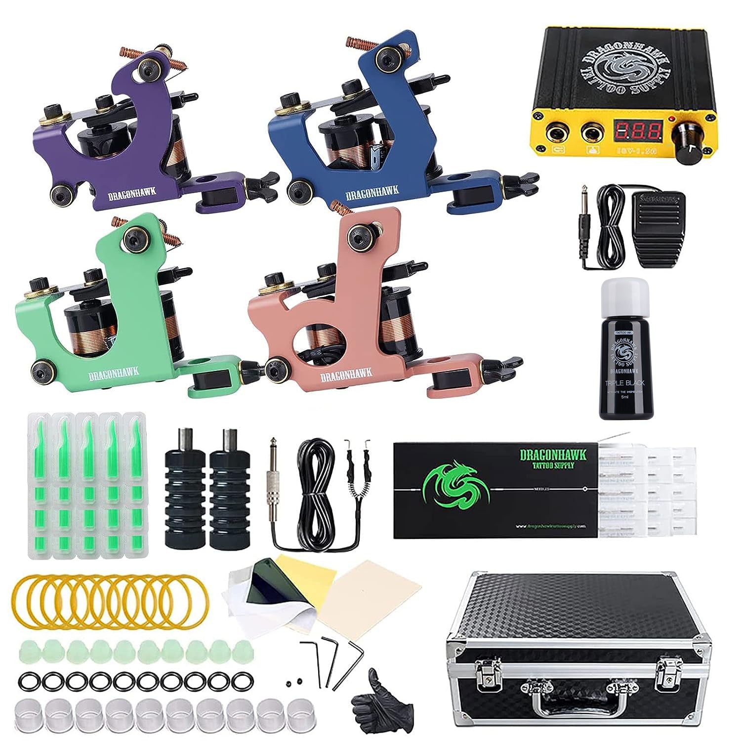 Tattoo Machine Kit -Yuelong Complete Tattoo Kits Pro Machine Guns Foot  Pedal Clip Cord Grips Tattoo Needles for Beginners and Experienced Artists